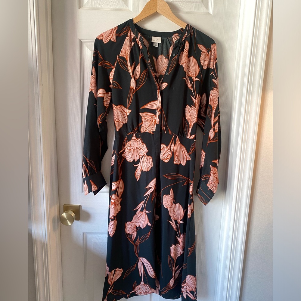 A New Day Dark Green and Pink Floral Long Sleeve Midi Dress - Sz S